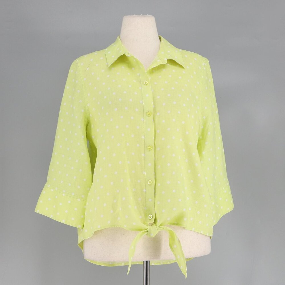 CHICO'S No-Iron Linen Polka Dot Yellow Green Tie Front Shirt Size 2/L